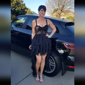 Fun Black Ruffle Mini dress w/Ruffle Train Dress M